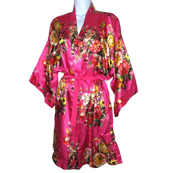 New Ms Lovely Hot Pink Floral Satin Kimono Robe M/L Knee Length Pockets Belted - Picture 7 of 16